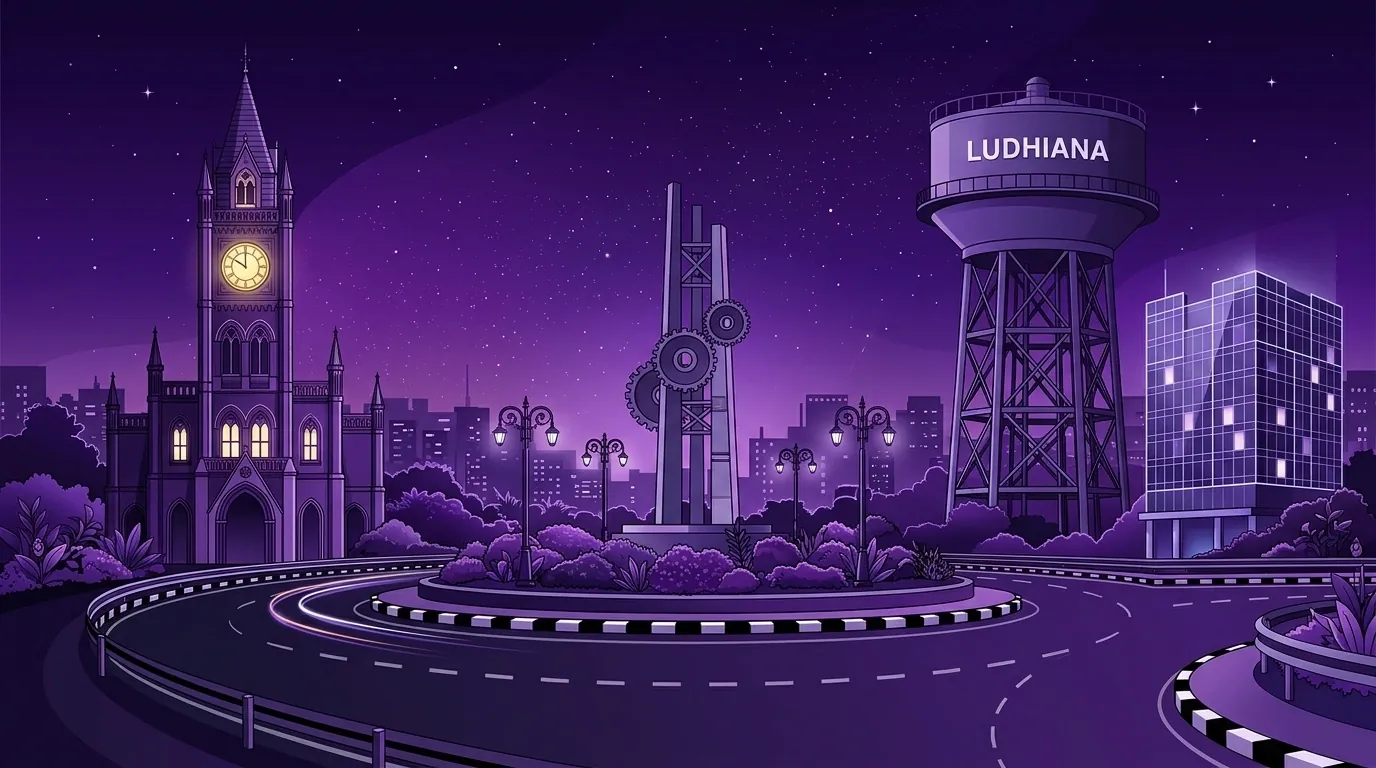 Ludhiana skyline showing the Clock Tower (Ghanta Ghar), a roundabout monument and an elevated water tank